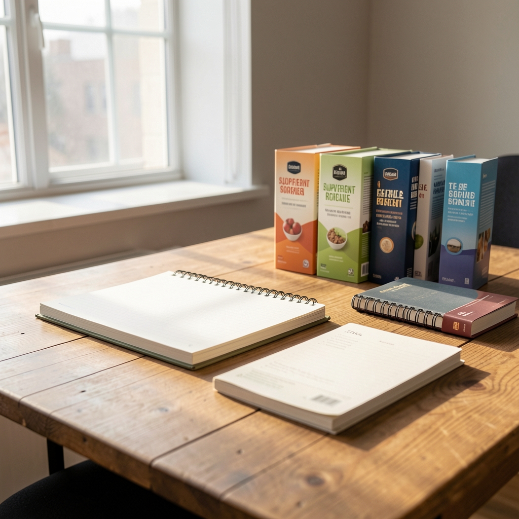 Editorial workspace with notebooks, supplement reference guides, and natural morning light on a wooden desk