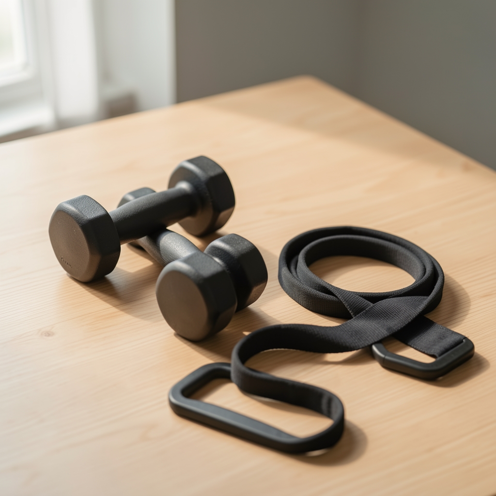 Weights and resistance band on a clean wooden surface, editorial composition with natural light from the side