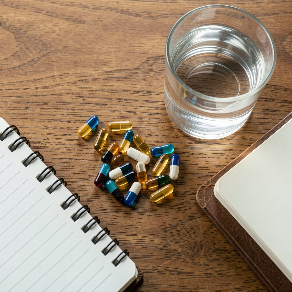 Omega-3 supplement portions on a wooden desk beside a glass of water and a notebook, editorial overhead composition